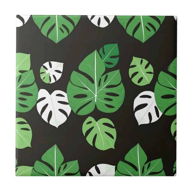 Jungle Tropical Monstera Leaves Black Background  Ceramic Tile (Front)