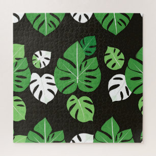 Jungle Tropical Monstera Leaves Black Background Jigsaw Puzzle