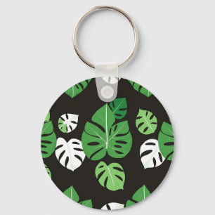 Jungle Tropical Monstera Leaves Black Background Key Ring