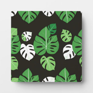 Jungle Tropical Monstera Leaves Black Background Plaque