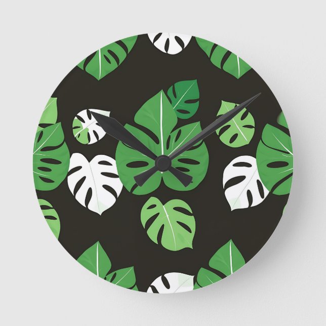 Jungle Tropical Monstera Leaves Black Background  Round Clock (Front)