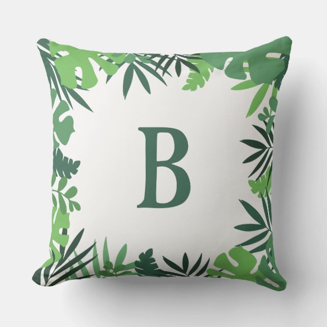 Jungle tropical palm leaves green monogram cushion (Front)