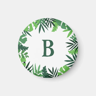 Jungle tropical palm leaves green monogram magnet