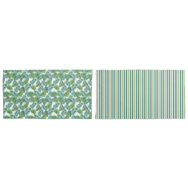Jungle Tropical Palm Tree Leaves & Stripes Pattern Pillowcase (Front-Set)