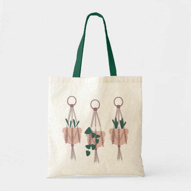 Jungle Tropical Plants Macrame Hanger Illustration Tote Bag (Front)