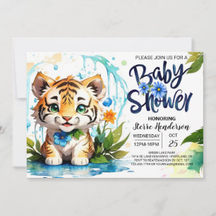 Jungle Vibes Blue Tiger Theme Baby Shower Invitation