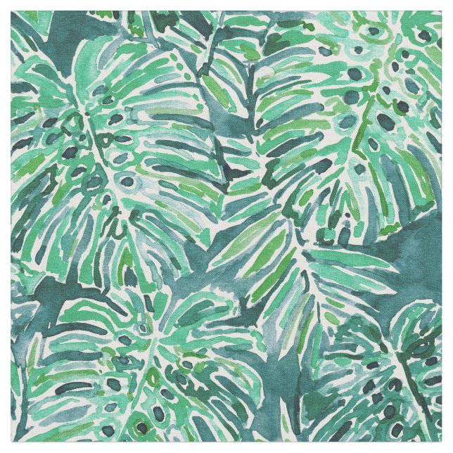 JUNGLE VIBES Green Tropical Monstera Pattern Fabric (Close Up)