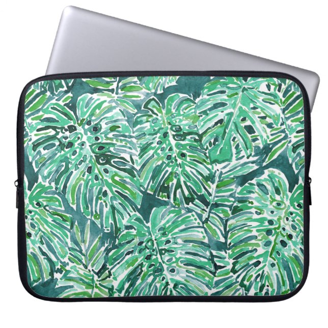 JUNGLE VIBES Green Tropical Monstera Pattern Laptop Sleeve (Front)