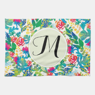Jungle Watercolor Flowers Floral Fine Monogram Tea Towel
