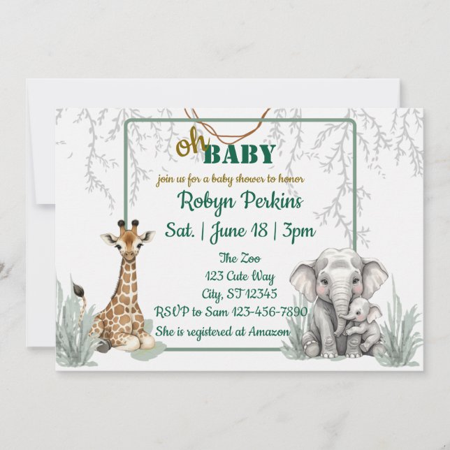 Jungle Watercolor Giraffe Elephant baby shower Invitation (Front)