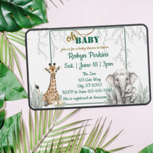 Jungle Watercolor Giraffe Elephant baby shower Invitation