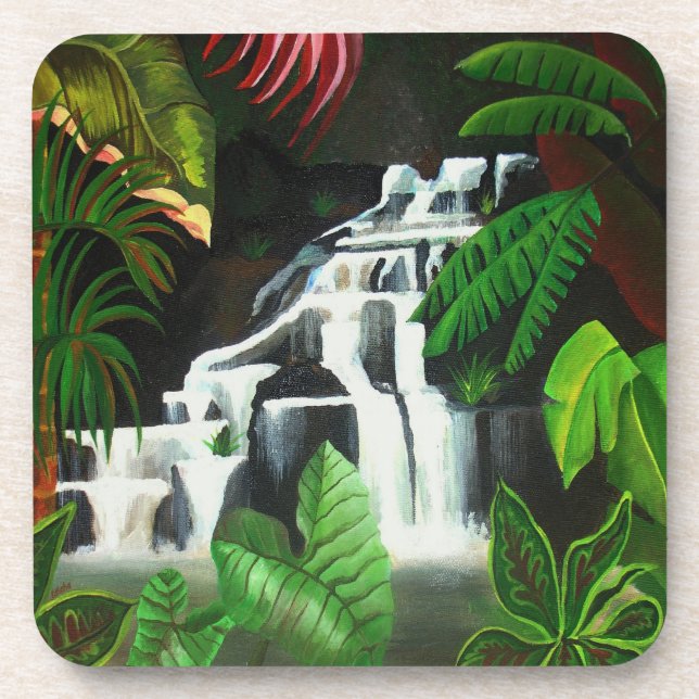 Jungle Waterfall Wilderness Acrylic Painting Coaster (Front)