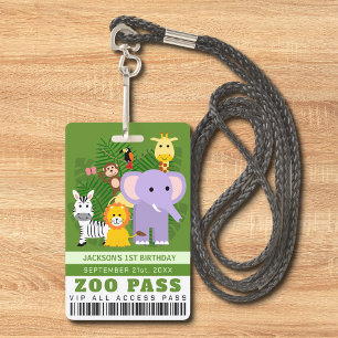 Jungle Wild Animal Zoo VIP Pass Kids Birthday ID Badge