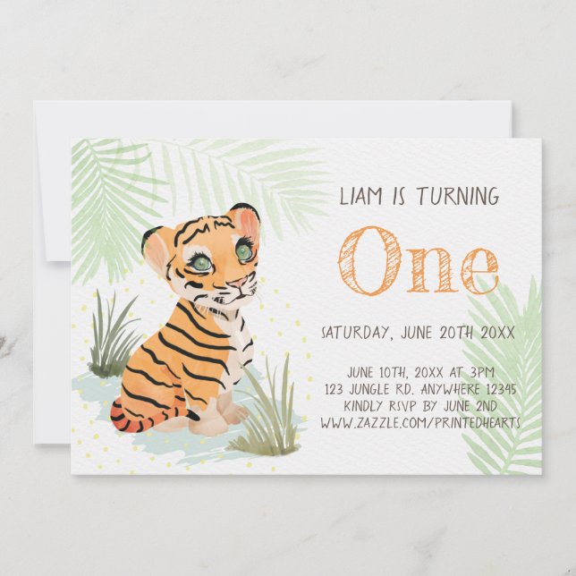 Jungle Wild & Free Boy's 1st Birthday Tiger  Invitation (Front)