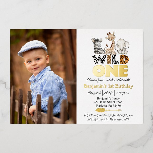 Jungle Wild One Photo Real Gold Foil Invitation (Front)