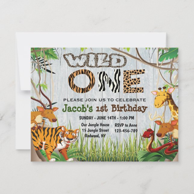 Jungle Wild One Safari Animals First Birthday Invitation (Front)