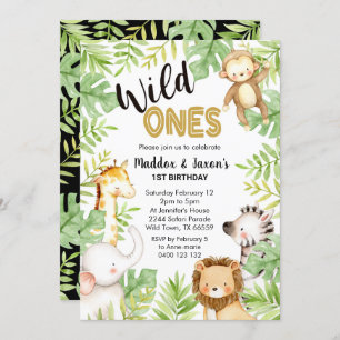Jungle Wild Ones 1st Birthday Invitation Twins