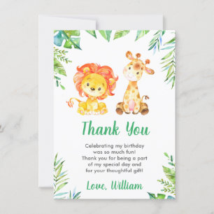 Jungle Wild Safari Animals Lion Kids Boy Birthday Thank You Card
