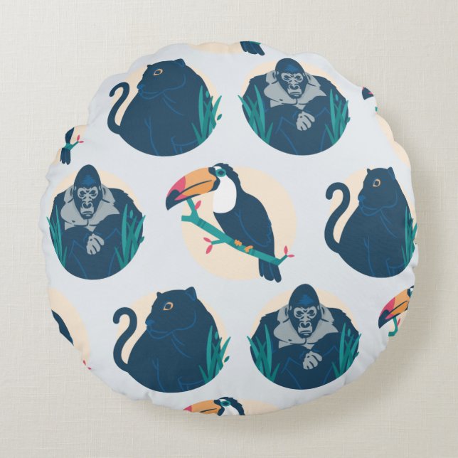 Jungle Wildlife Animals Pattern Round Cushion (Front)