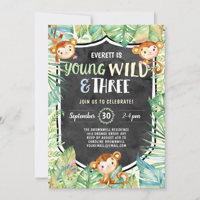 Jungle Young Wild and Three Birthday Party Invitation (Front)