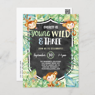 Jungle Young Wild and Three Birthday Party Postcard