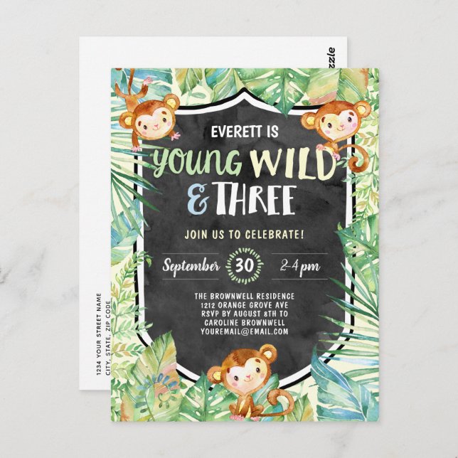 Jungle Young Wild and Three Birthday Party Postcard (Front/Back)