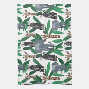 Jungle Zebra Elephant Giraffe Safari Animals Tea Towel