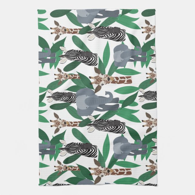 Jungle Zebra Elephant Giraffe Safari Animals Tea Towel (Vertical)