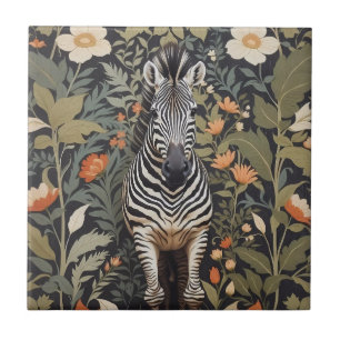 Jungle Zebra Floral Ceramic Tile