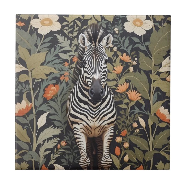 Jungle Zebra Floral Ceramic Tile (Front)