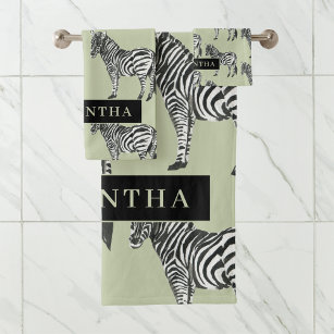 Jungle Zebra Wild Pattern & Personalised Name Bath Towel Set