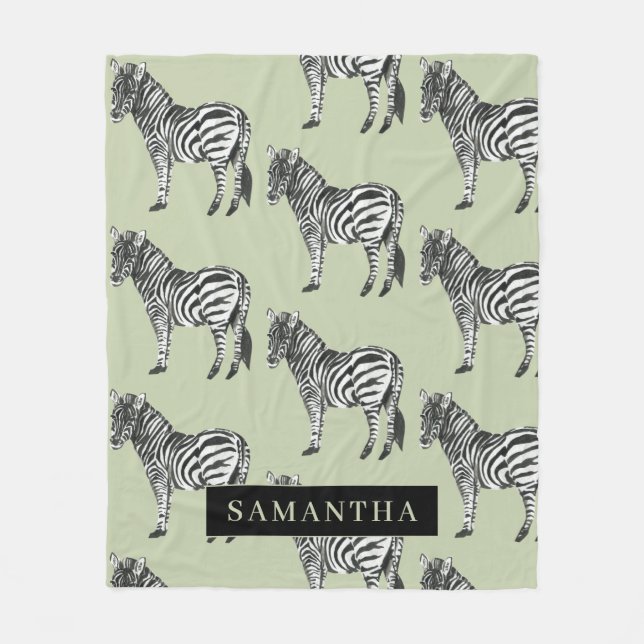 Jungle Zebra Wild Pattern & Personalised Name Fleece Blanket (Front)