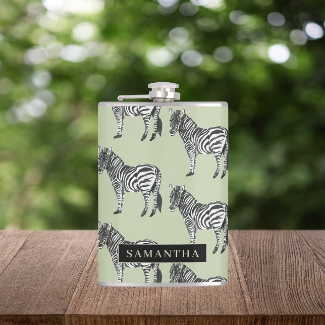 Jungle Zebra Wild Pattern & Personalised Name Hip Flask (Creator Uploaded)