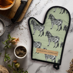 Jungle Zebra Wild Pattern & Personalised Name Oven Mitt & Pot Holder Set