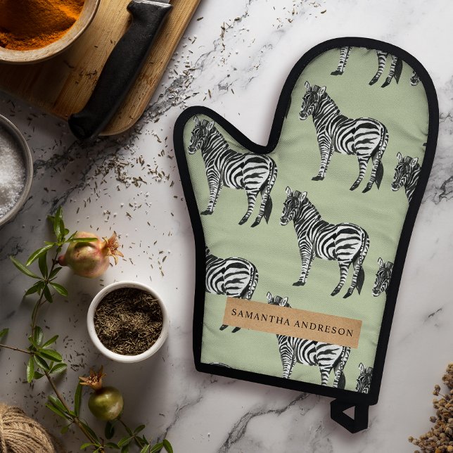 Jungle Zebra Wild Pattern & Personalised Name Oven Mitt & Pot Holder Set (Creator Uploaded)