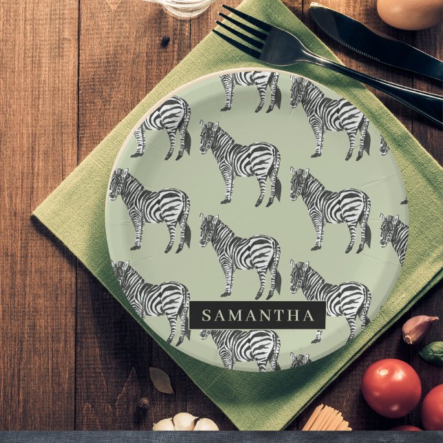 Jungle Zebra Wild Pattern & Personalised Name Paper Plate (Creator Uploaded)