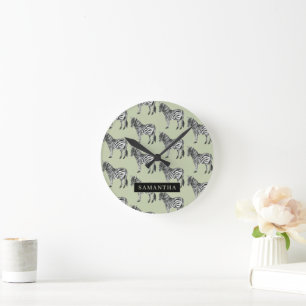 Jungle Zebra Wild Pattern & Personalised Name Round Clock