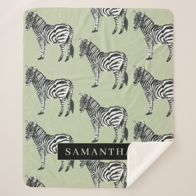 Jungle Zebra Wild Pattern & Personalised Name Sherpa Blanket (Front)