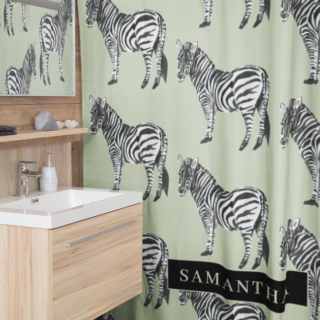Jungle Zebra Wild Pattern & Personalised Name Shower Curtain (Creator Uploaded)
