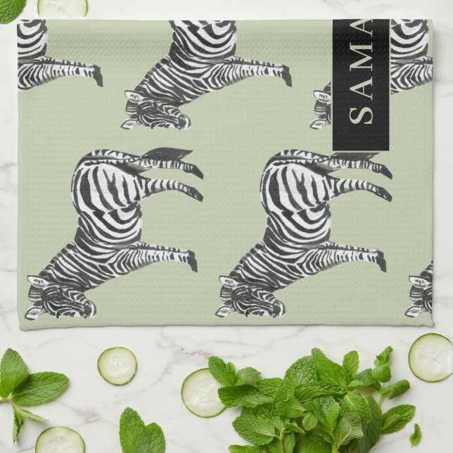Jungle Zebra Wild Pattern & Personalised Name Tea Towel (Folded)