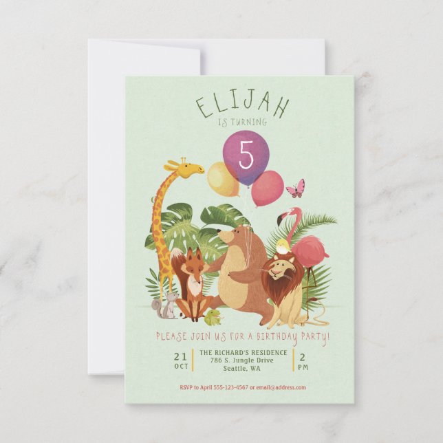 Jungle Zoo Animal Friends Birthday Party Invite (Front)