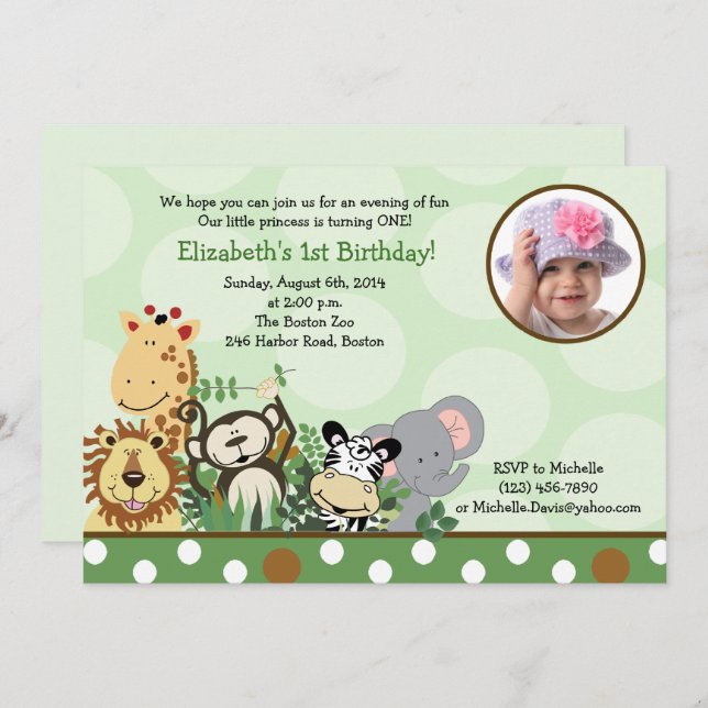Jungle Zoo Party Birthday Invitation with Photo (Front/Back)