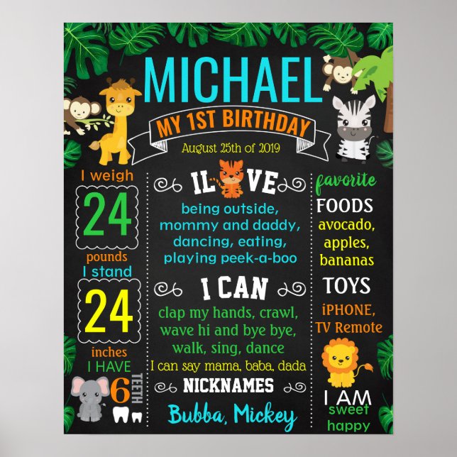Jungle Zoo Safari Animals Wild one Birthday Poster (Front)