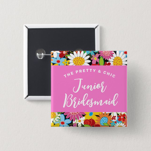 JUNIOR BRIDESMAID Spring Flowers Wedding Name Tag 15 Cm Square Badge (Front & Back)