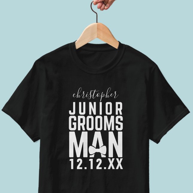 Junior Groomsman Wedding Bridal Party T-Shirt (Add your Junior Groomsman's name and your wedding date to this black and white bridal party t-shirt)