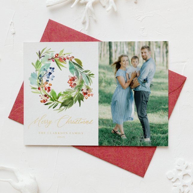 Juniper and Holly Wreath Merry Christmas Photo Foil Holiday Card (Creator Uploaded)
