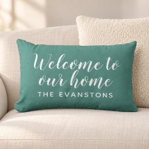 Juniper Green Script Welcome to Our Home Lumbar Cushion