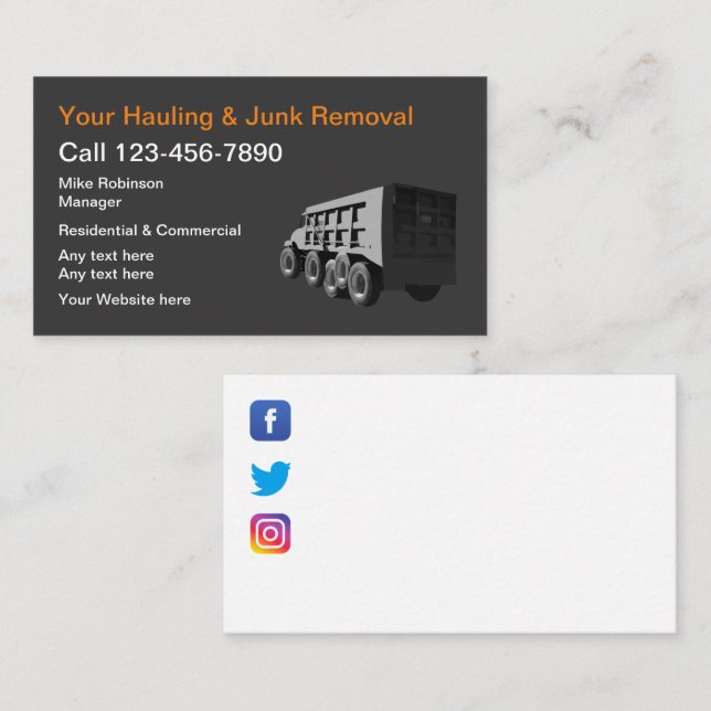 Junk Hauling And Removal Services Business Card (Front/Back)