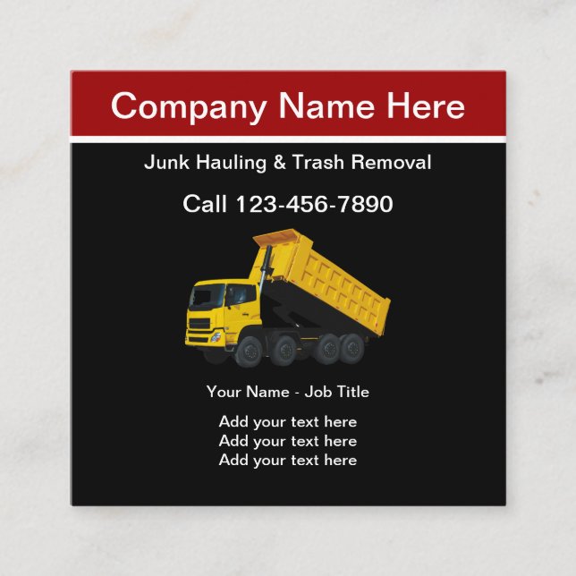 Junk Hauling And Trash Removal Square Business Card (Front)