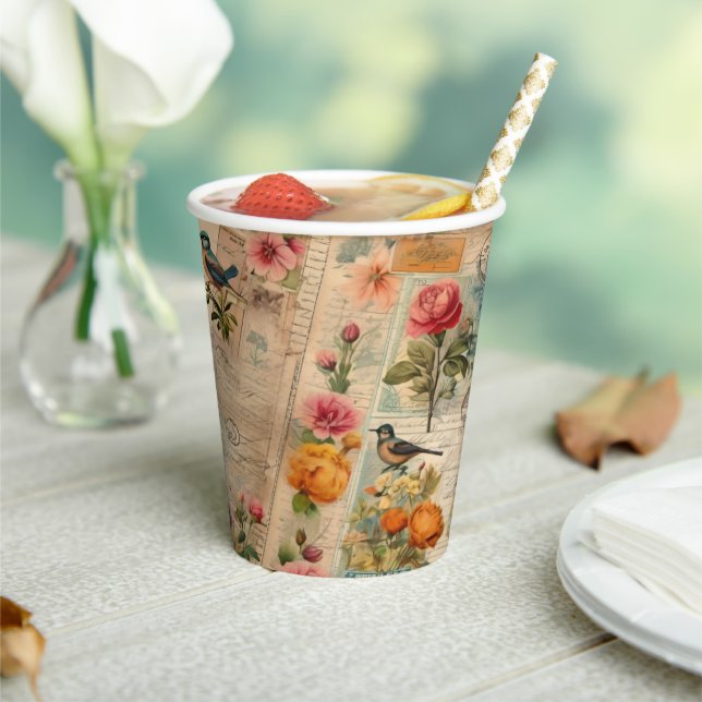 Junk Journal page with flowers + birds -  Paper Cups (Insitu)